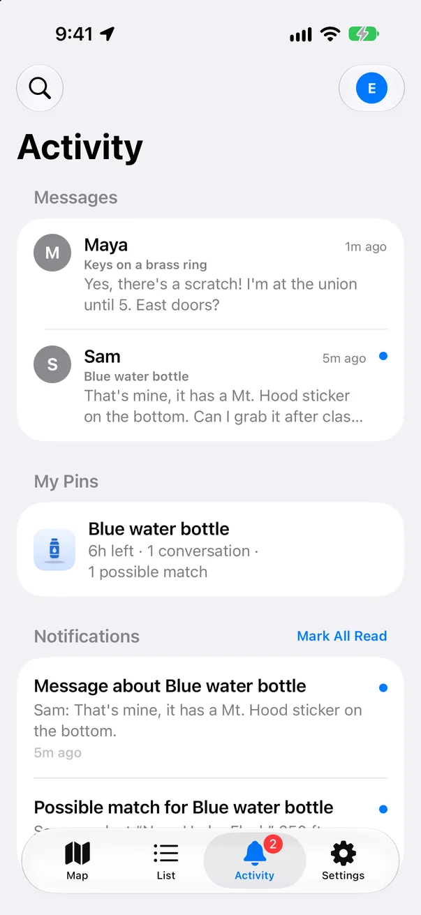 LostLink Activity showing a new message and a possible match notification
