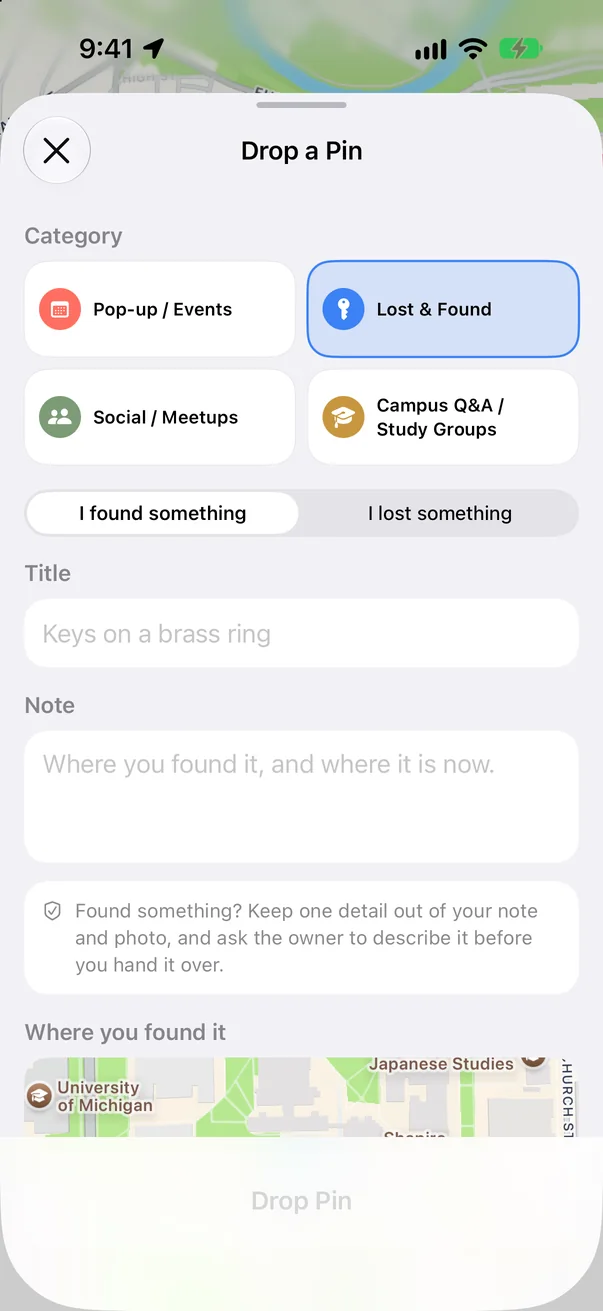 Dropping a pin for something you found, with a map to place it exactly