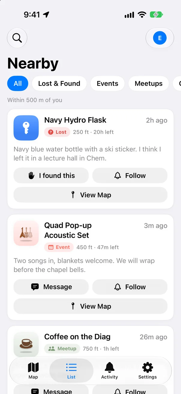 The LostLink Nearby list showing a Lost water bottle, a pop-up event, and a coffee meetup
